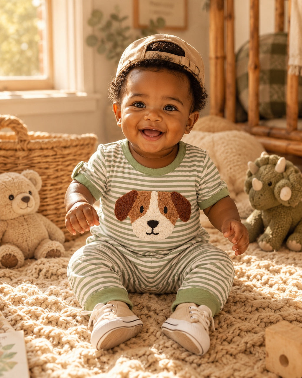 Green Puppy Stripe Romper