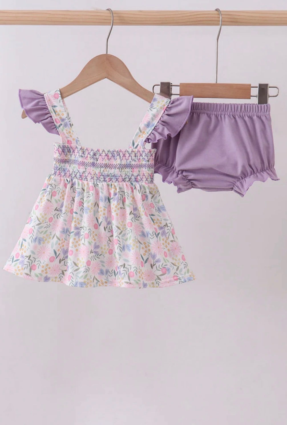 Purple Floral Smocked Ruffle Dress