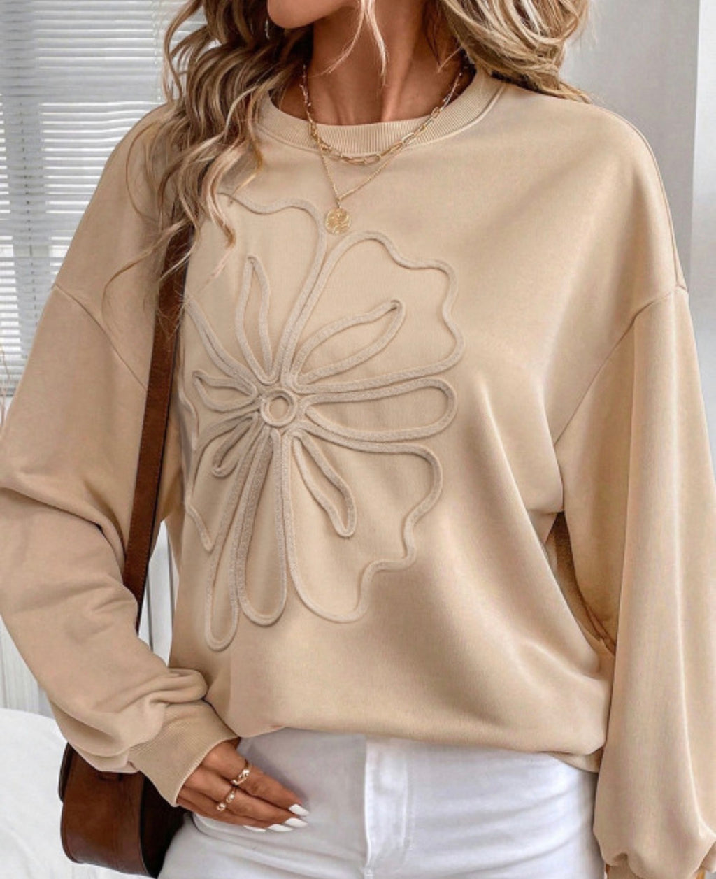 Neutral Floral Appliqué Sweatshirt