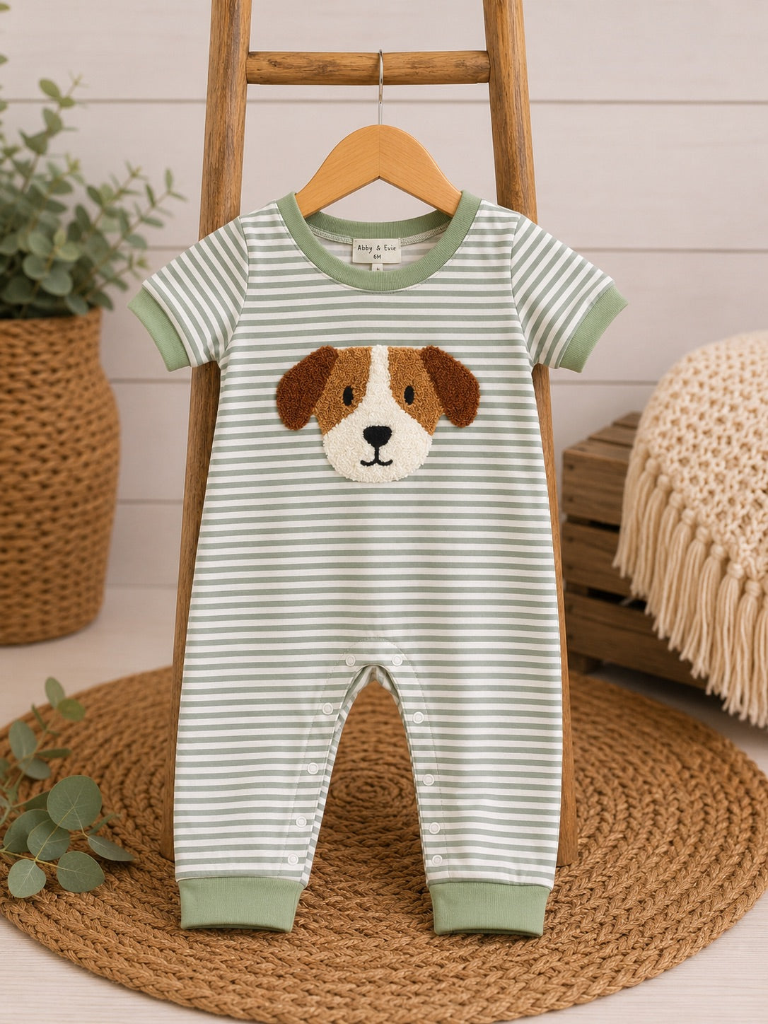 Green Puppy Stripe Romper