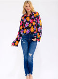Black Floral Bell Sleeve Blouse