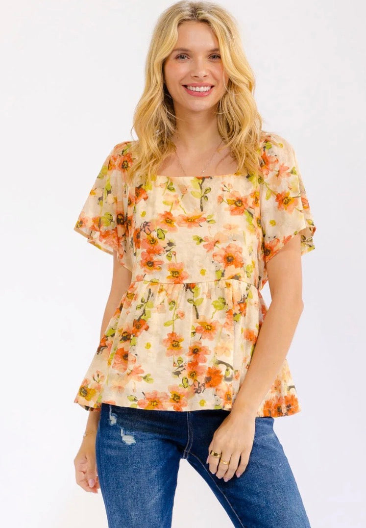 Tan And Orange Puff Sleeve Blouse
