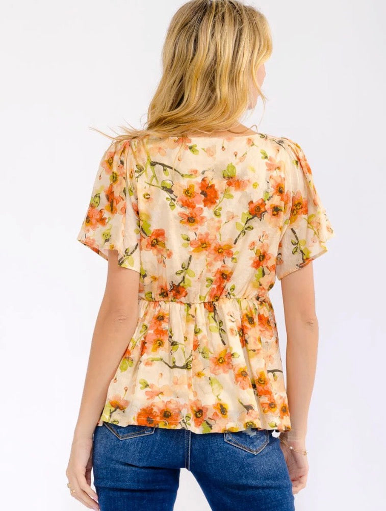 Tan And Orange Puff Sleeve Blouse