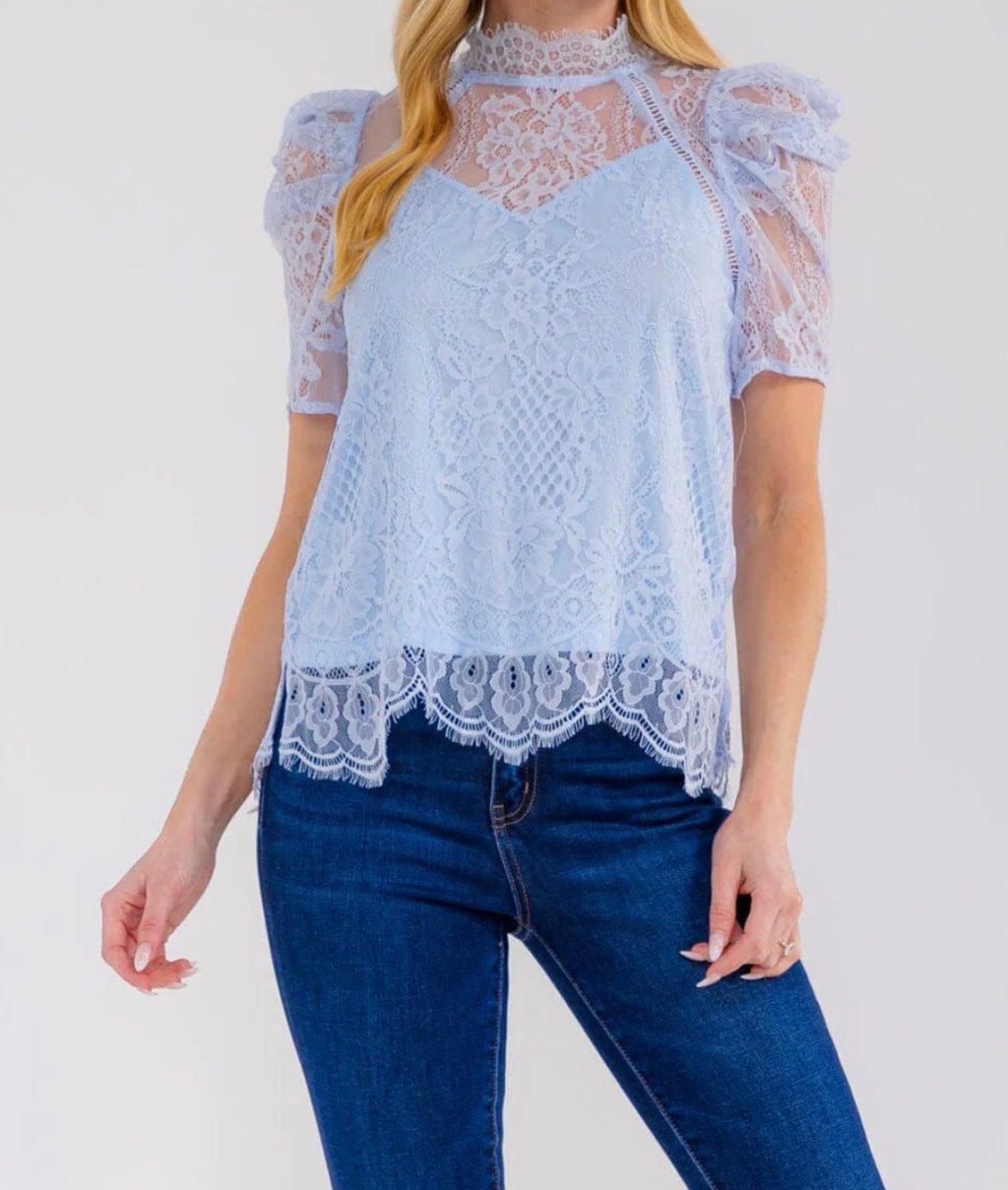 Blue Mock Neck Floral Lace Blouse