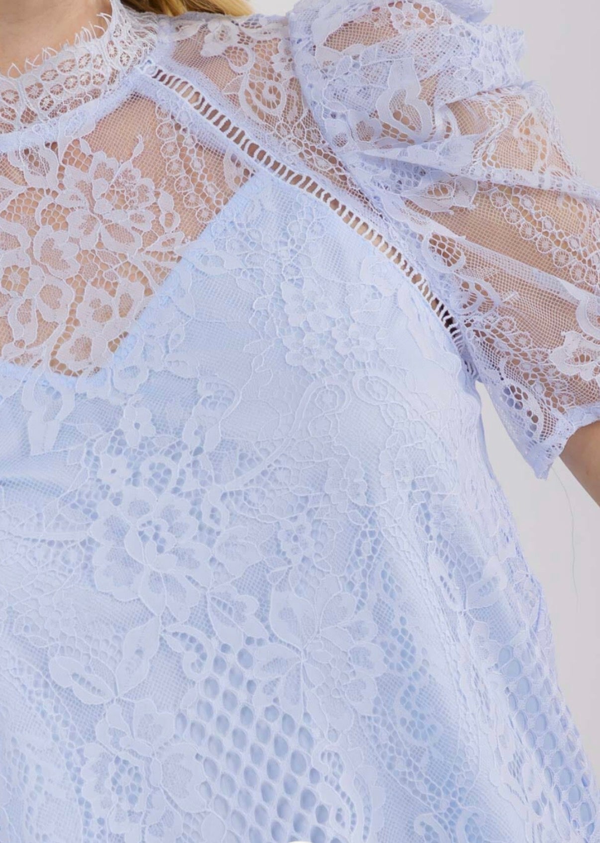 Blue Mock Neck Floral Lace Blouse