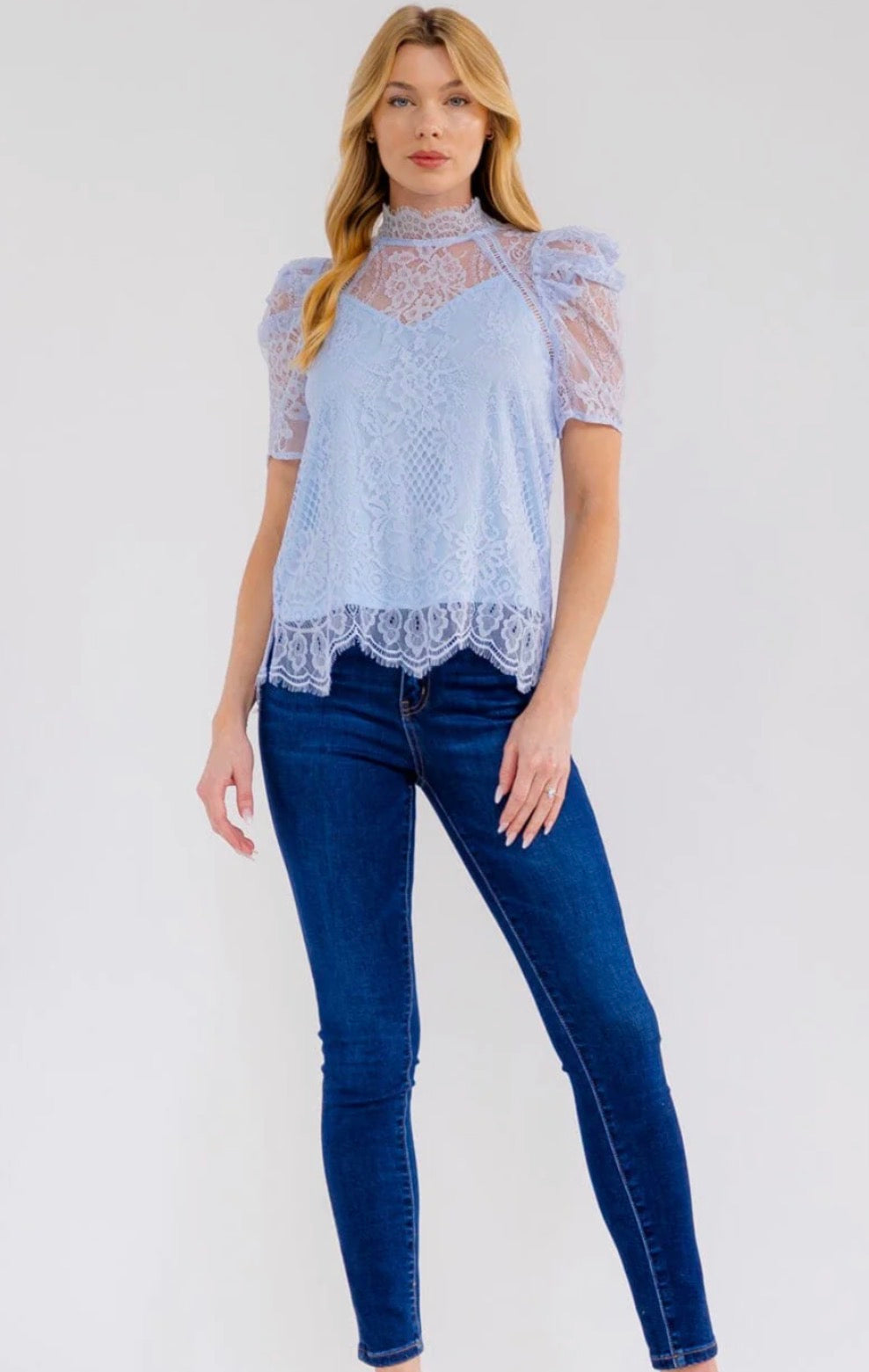 Blue Mock Neck Floral Lace Blouse