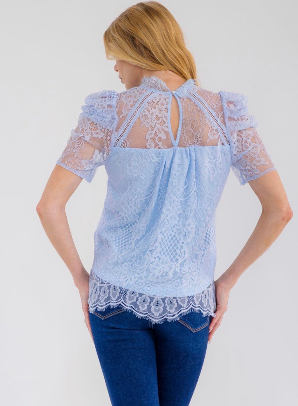 Blue Mock Neck Floral Lace Blouse