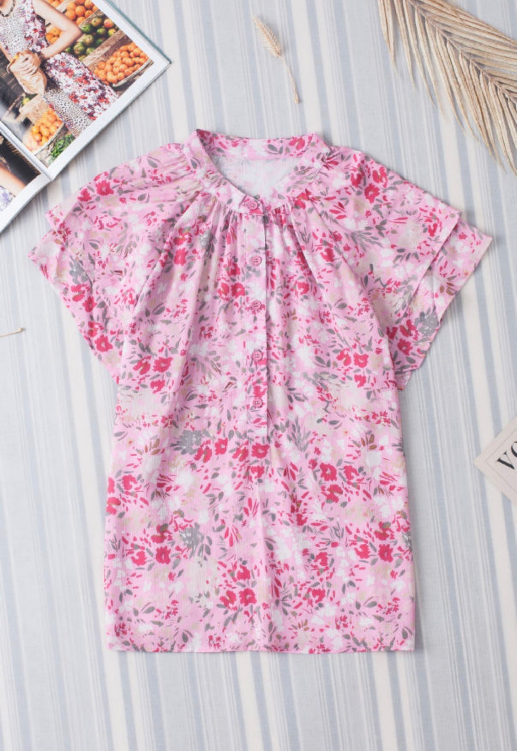 Pink Floral Mandarin Collar Top
