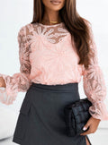 Pink Flower Ruffled Sleeve Mesh Top