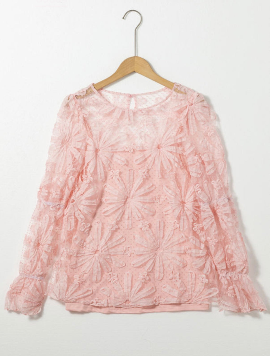 Pink Flower Ruffled Sleeve Mesh Top