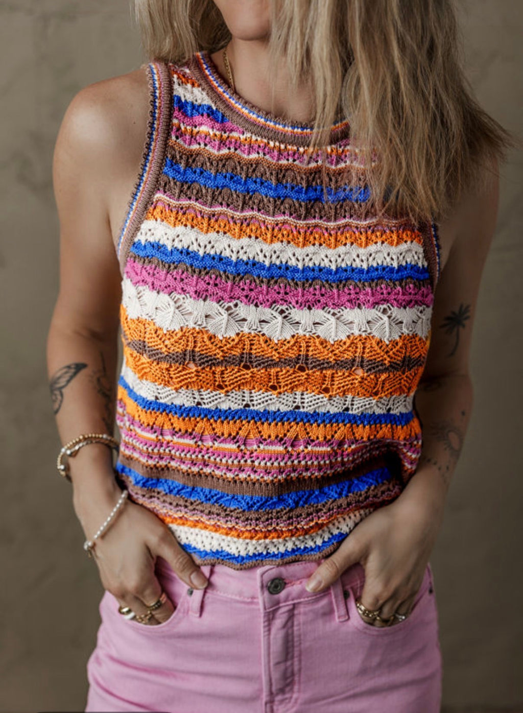Striped Textured Knit Crew Neck Sweater Vest