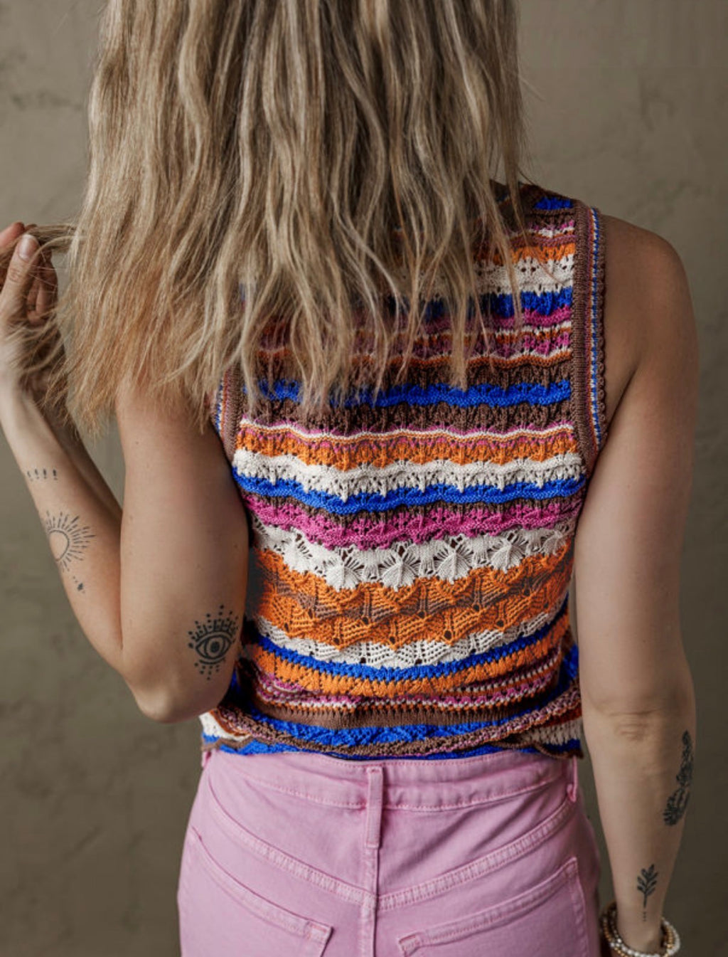 Striped Textured Knit Crew Neck Sweater Vest