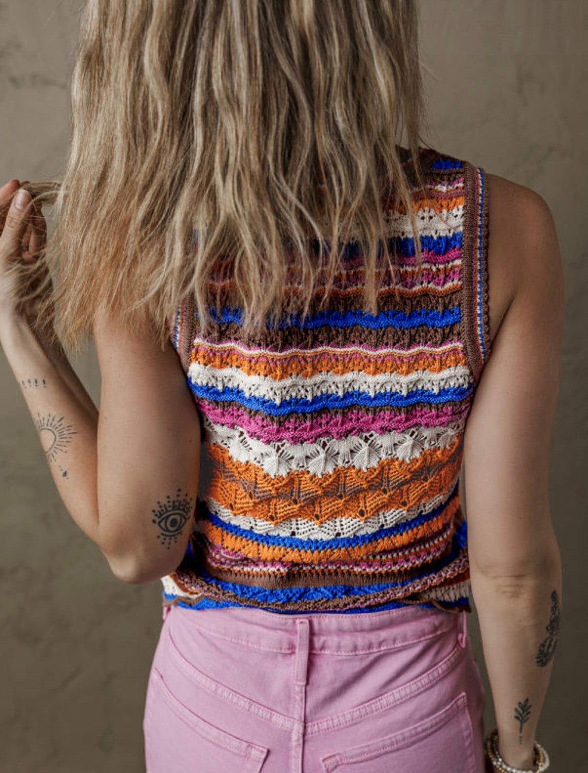 Striped Textured Knit Crew Neck Sweater Vest