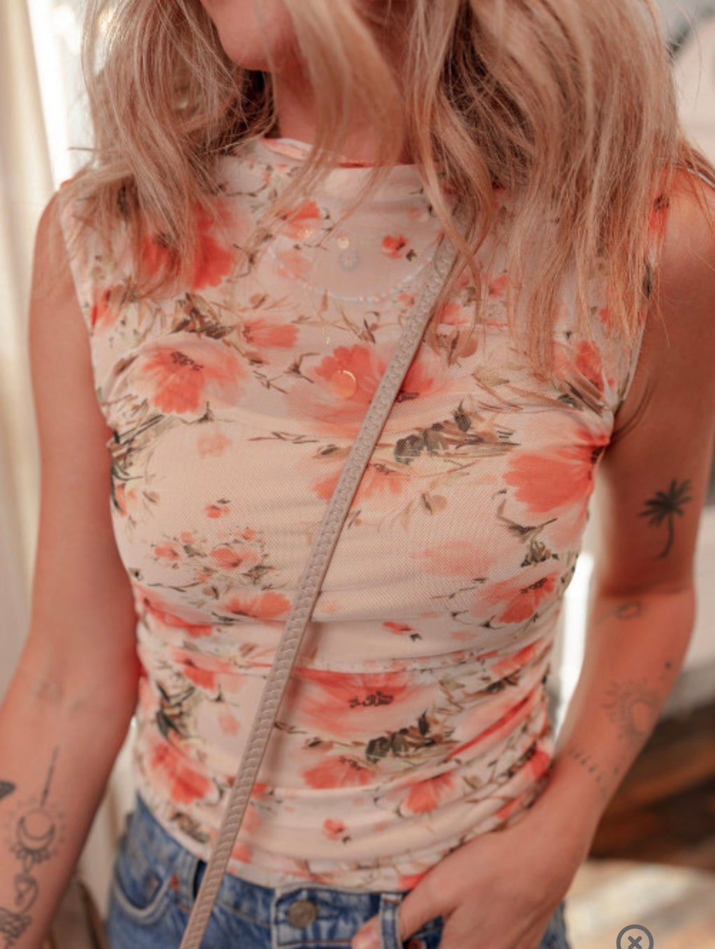Peach Mesh Floral Slim Fit Tank