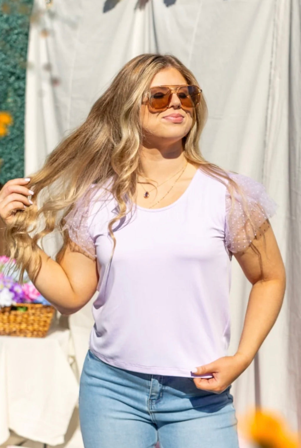 Tulle Sleeve Top in Lavender