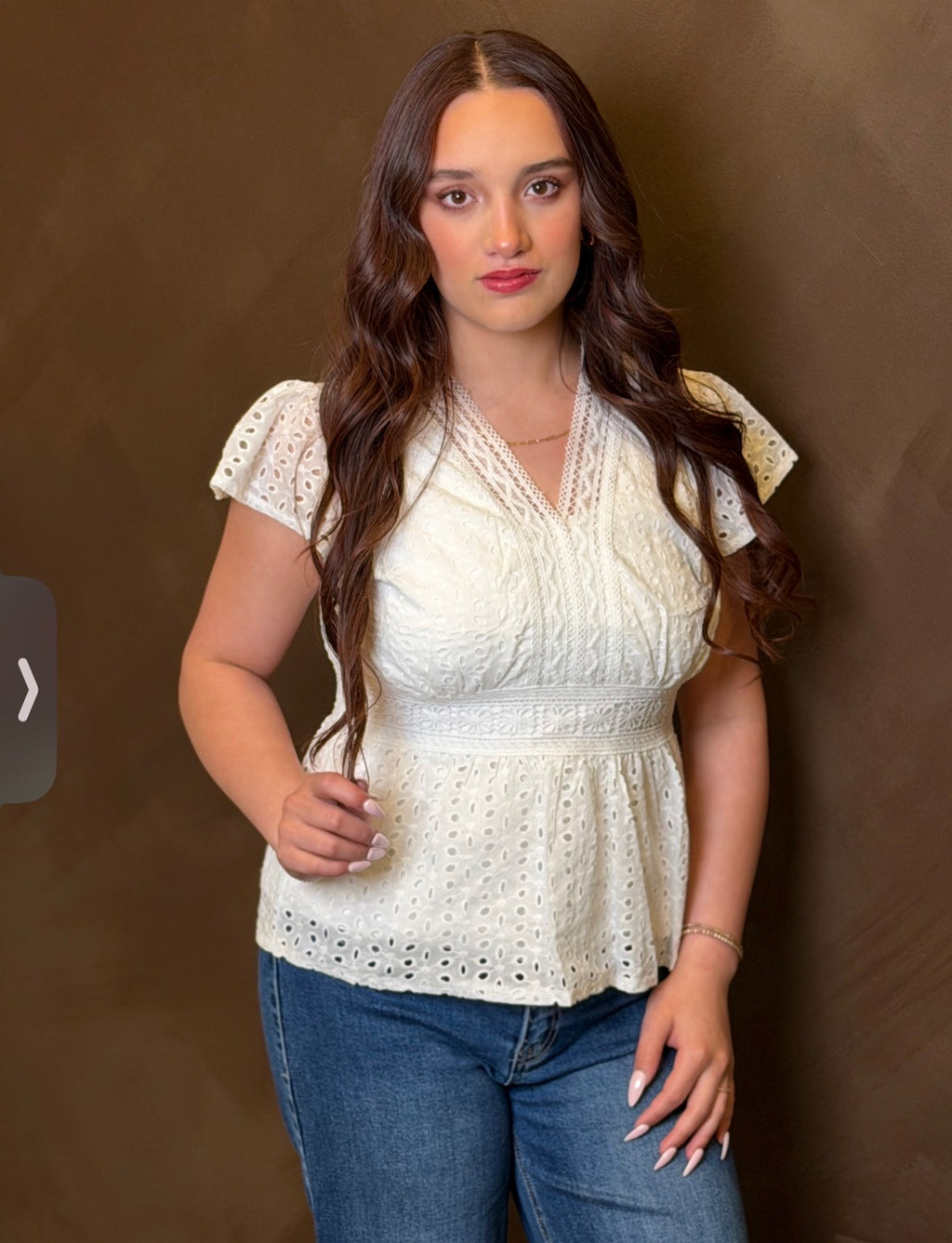 V Neck Ruffle Eyelet Top