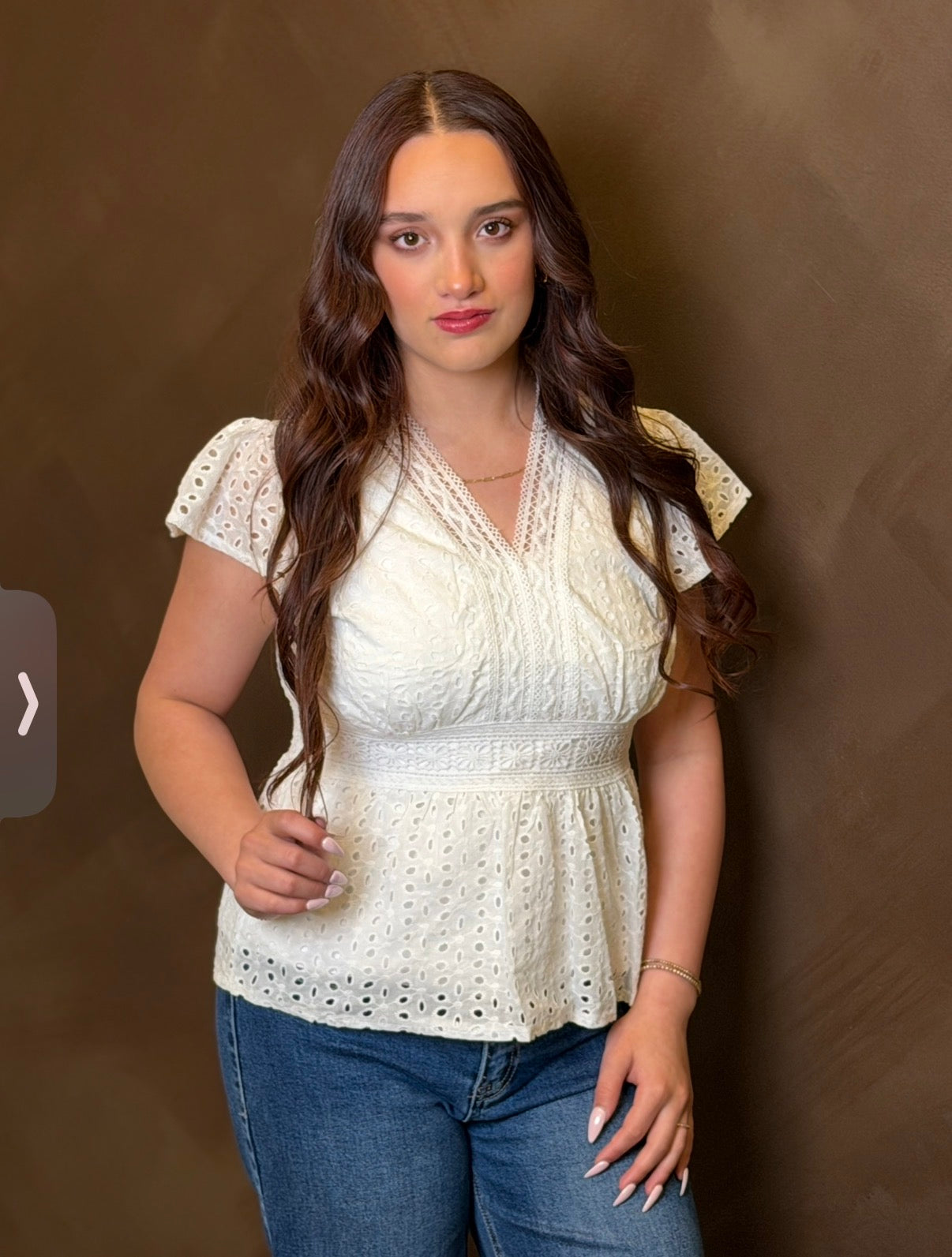 V Neck Ruffle Eyelet Top