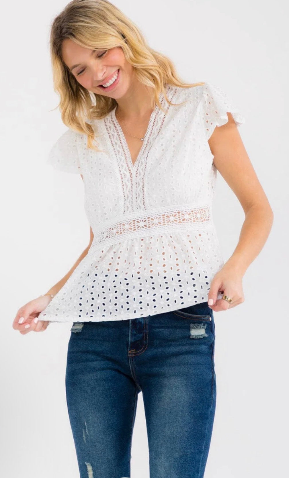 V Neck Ruffle Eyelet Top
