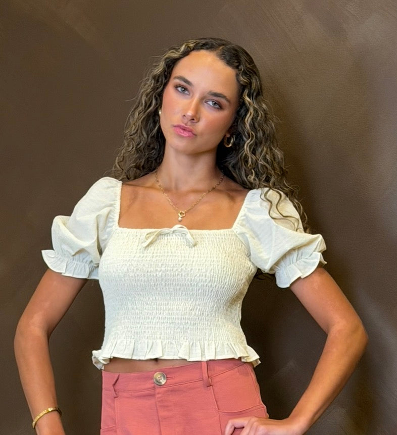 Short Puff Sleeve Square Neck Smock Top