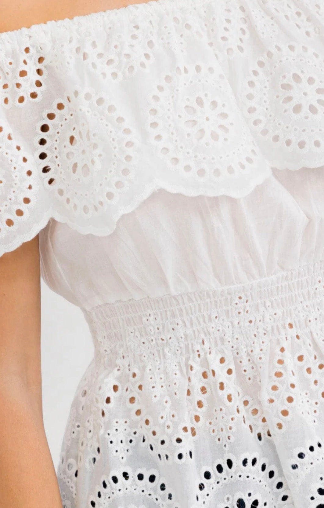 Off Shoulder Smock Waist Eyelet Top