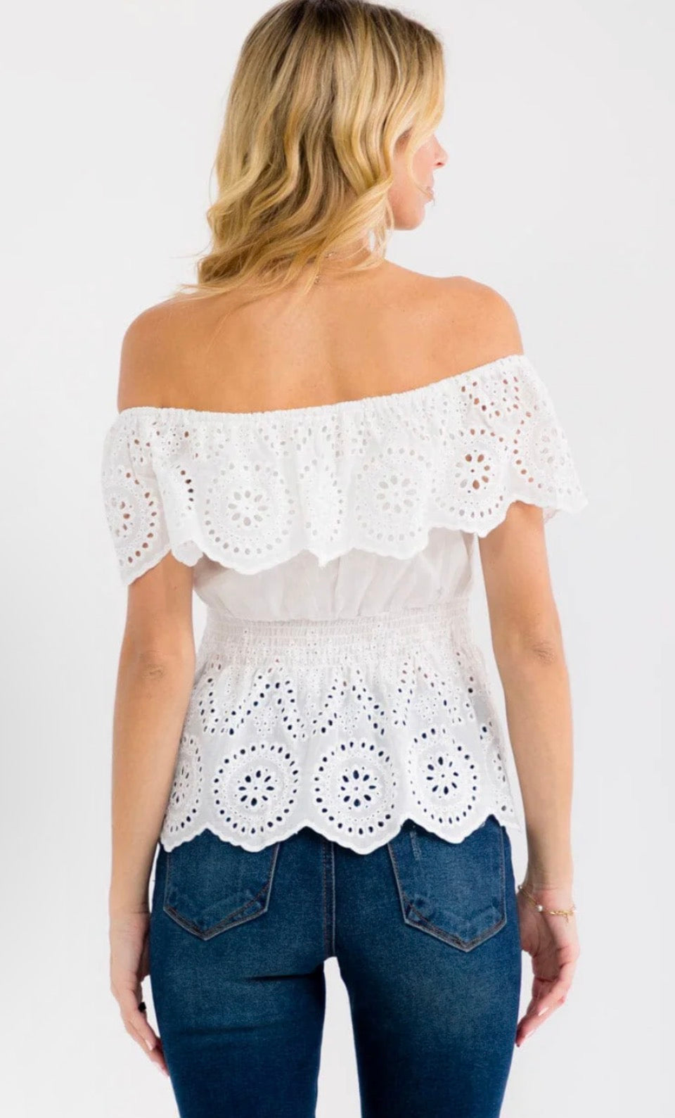 Off Shoulder Smock Waist Eyelet Top