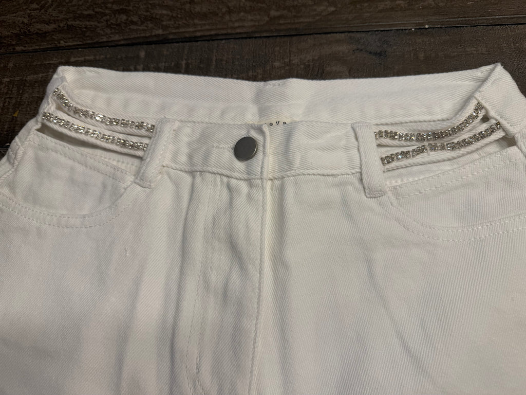 White Jean Shorts with Bling Cut Out