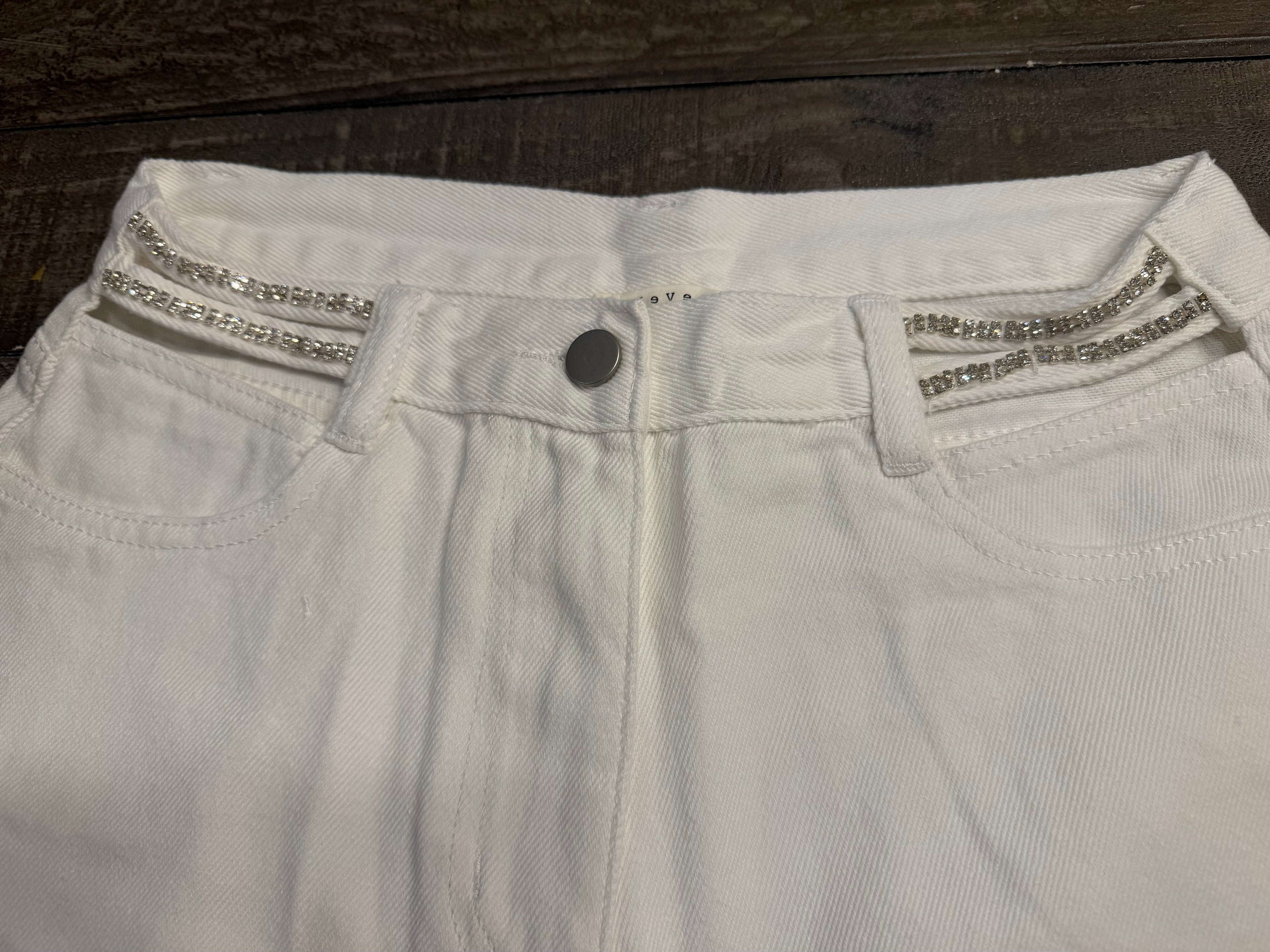 White Jean Shorts with Bling Cut Out