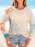 Jet Stream Contrast Flower Detail Colorblock Cuffed Loose Sweater