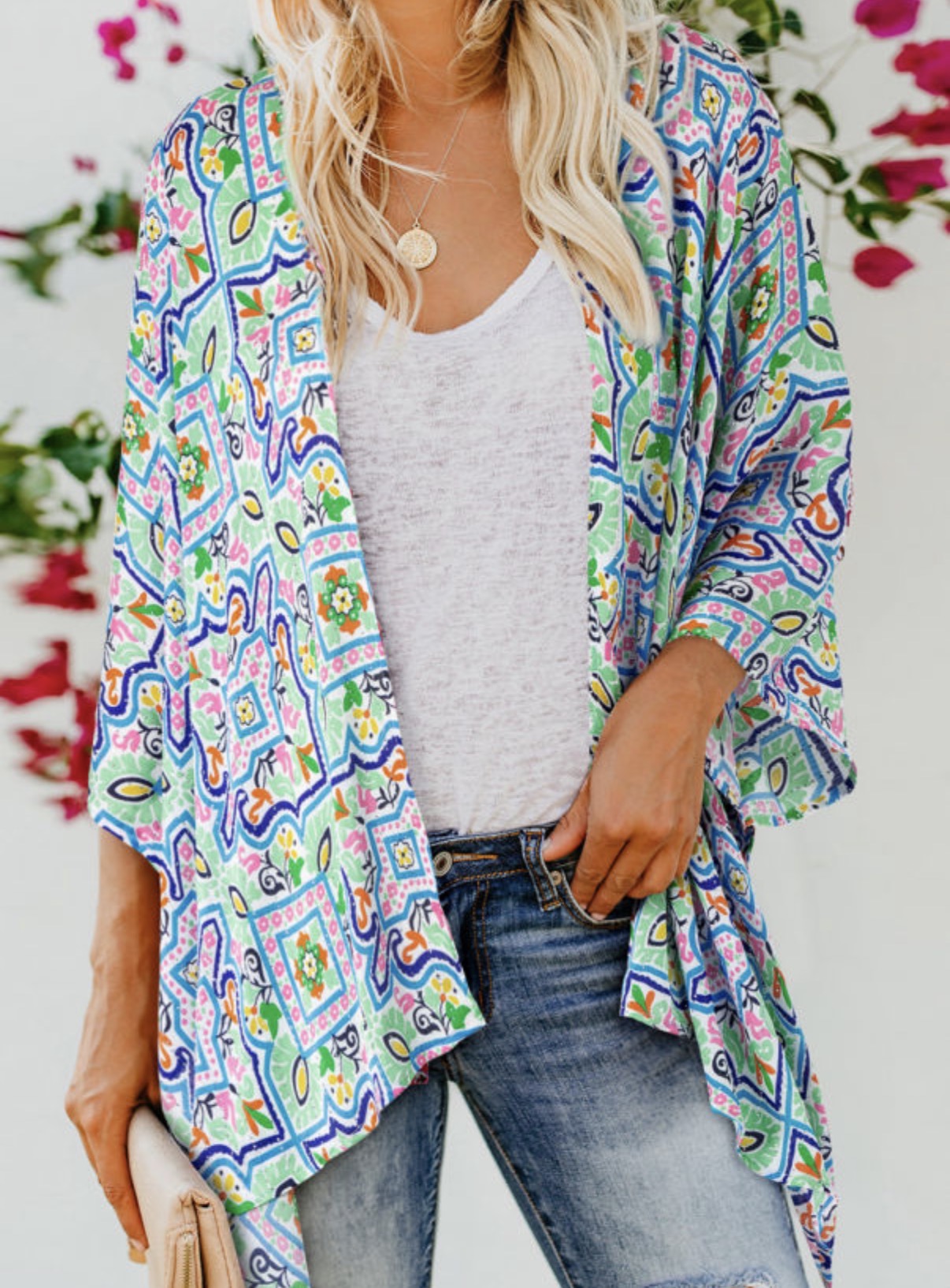 Boho Floral Printed Rhinestone 3/4 Sleeve kimono