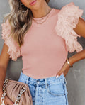 Pink Mesh Sleeve Ribbed Knit Top