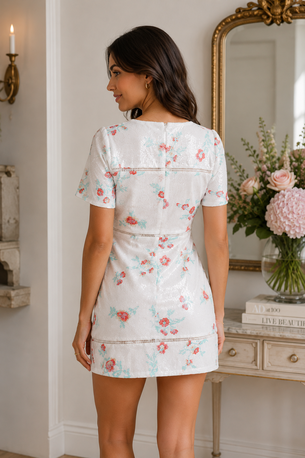 SHORT SLEEVE BODYCON FLORAL SEQUINS MINI DRESS