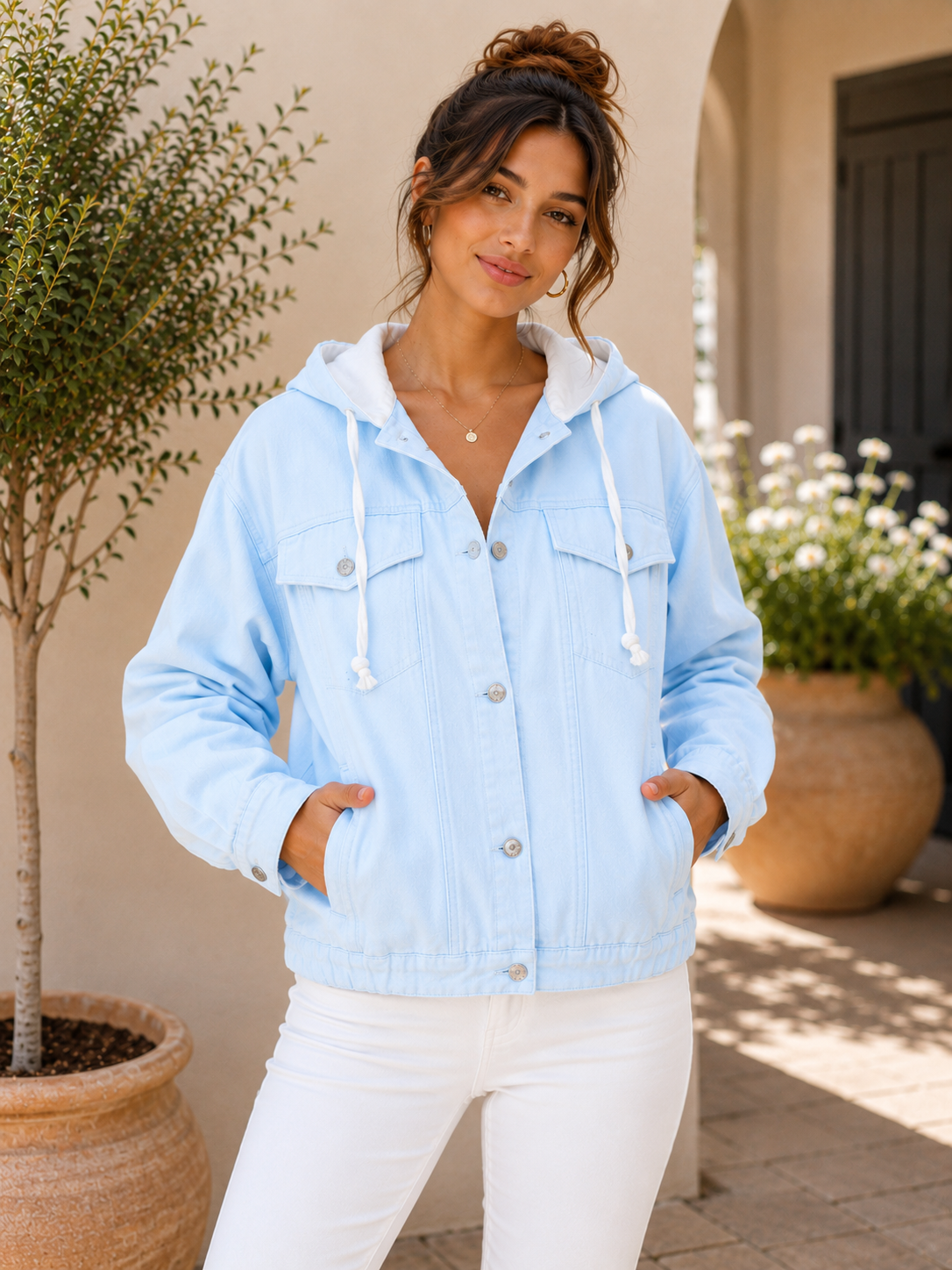 WOMEN'S LONG SLEEVE BUTTON UP POCKETS REMOVABLE HOODIE DENIM