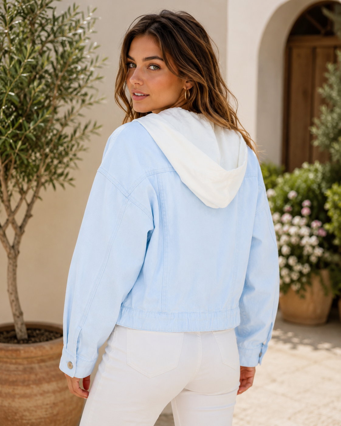 WOMEN'S LONG SLEEVE BUTTON UP POCKETS REMOVABLE HOODIE DENIM