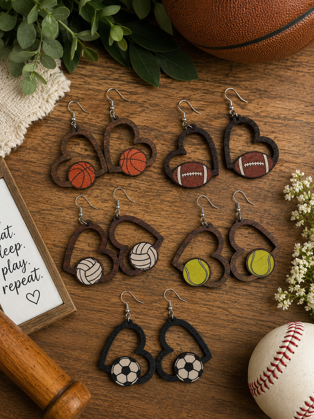 Wooden Heart Sports Earrings