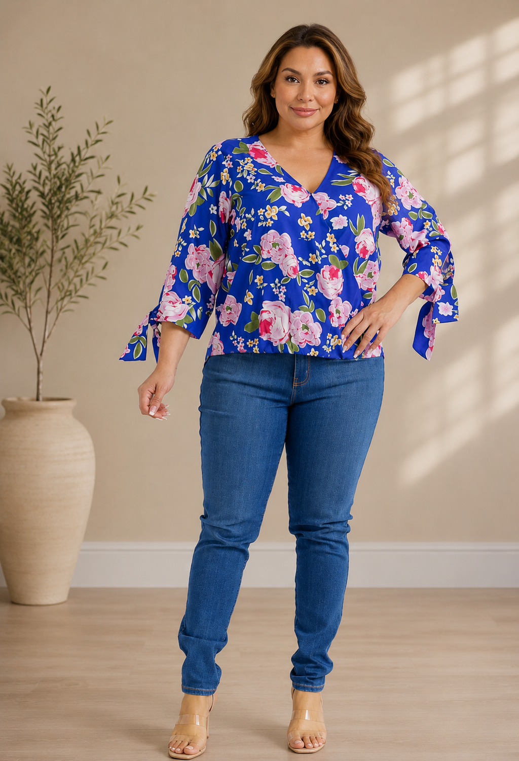 Midnight Bloom Tie-Sleeve Blouse