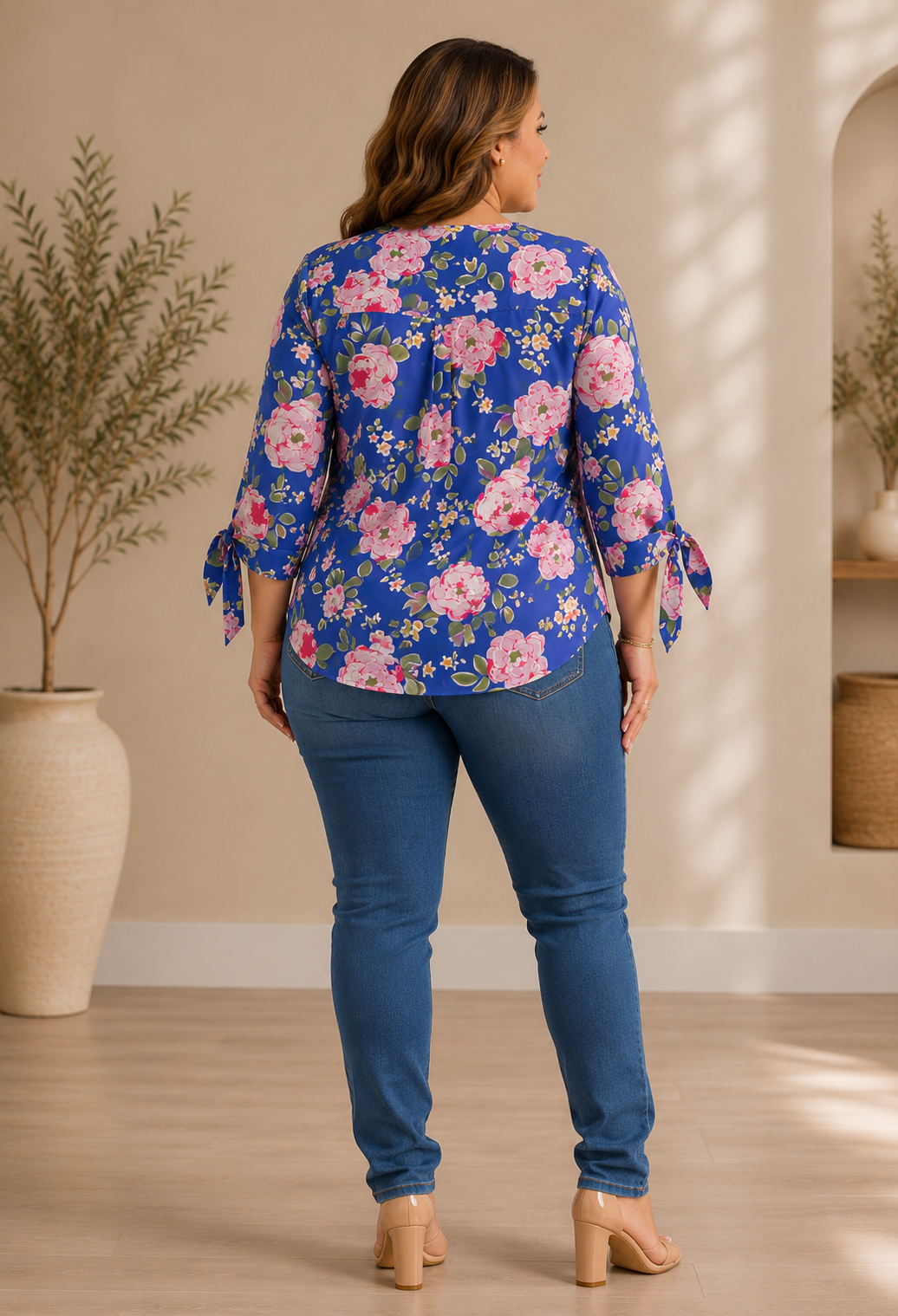 Midnight Bloom Tie-Sleeve Blouse