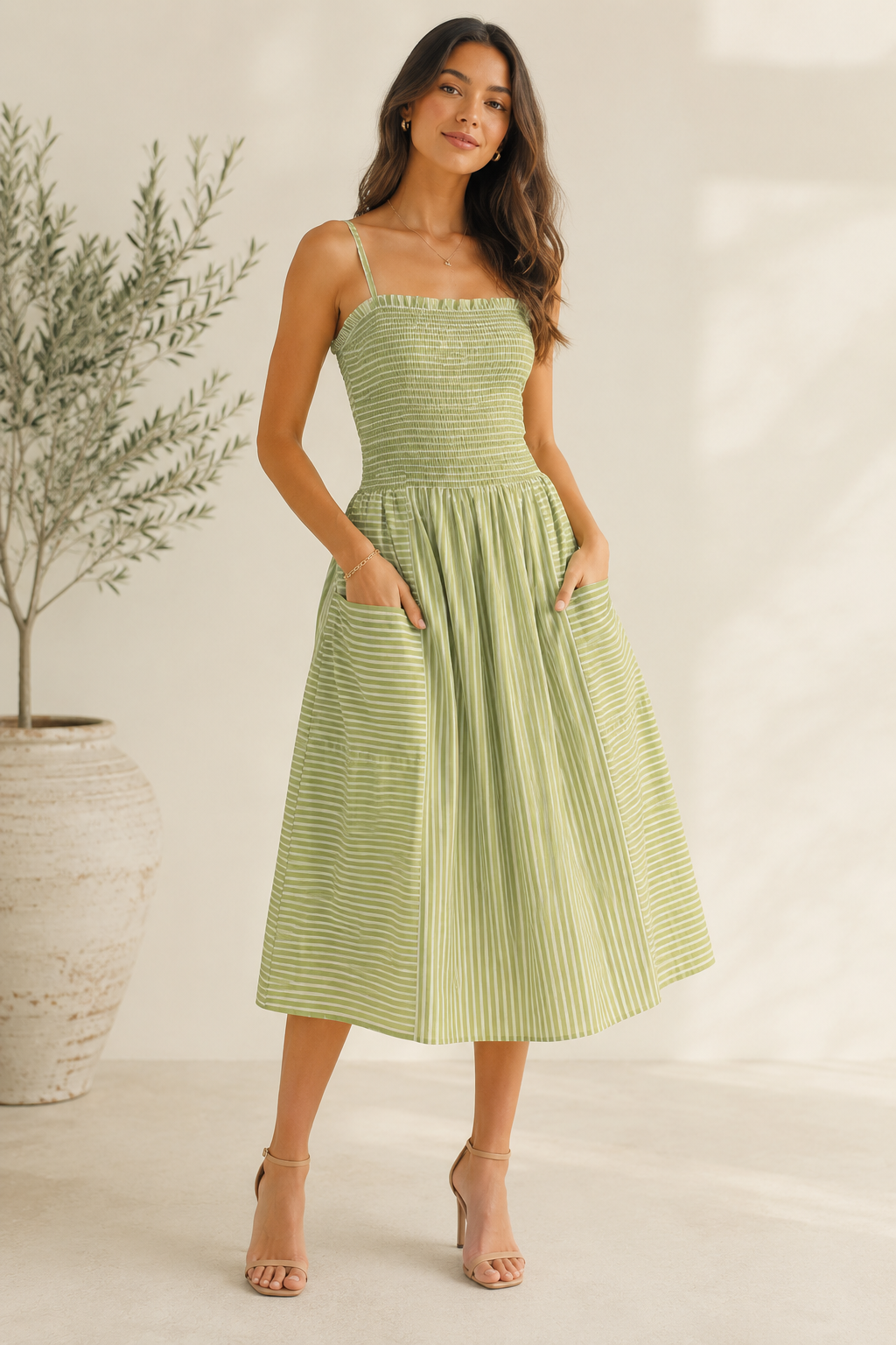 JUST ME WOMEN'S SLEEVELESS SQUARE NECK SMOCK POCKETS STRIPES MAXI DRESS
