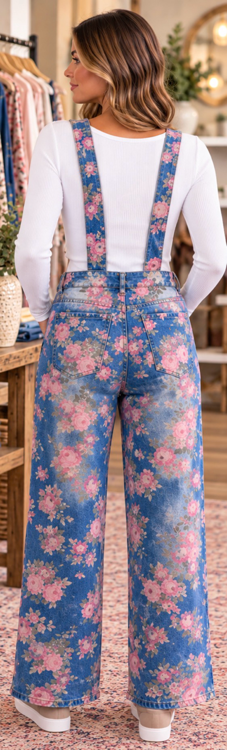🌸 Floral Denim Wide-Leg Overalls