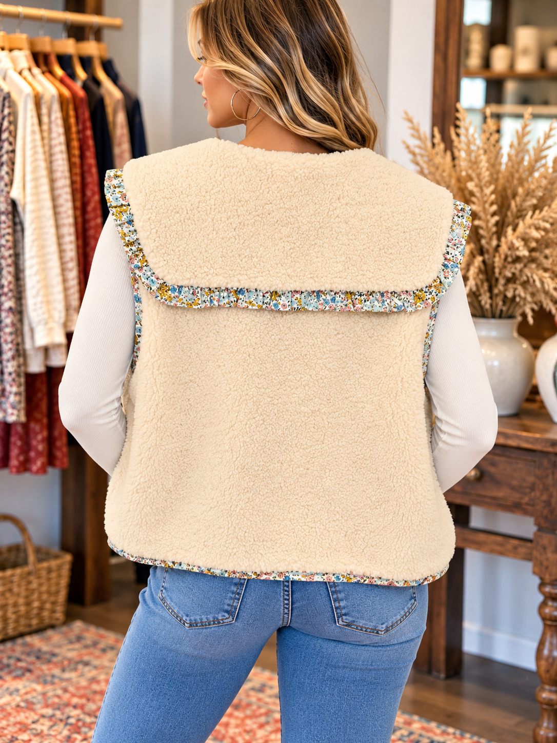 Floral Trim Sherpa Vest