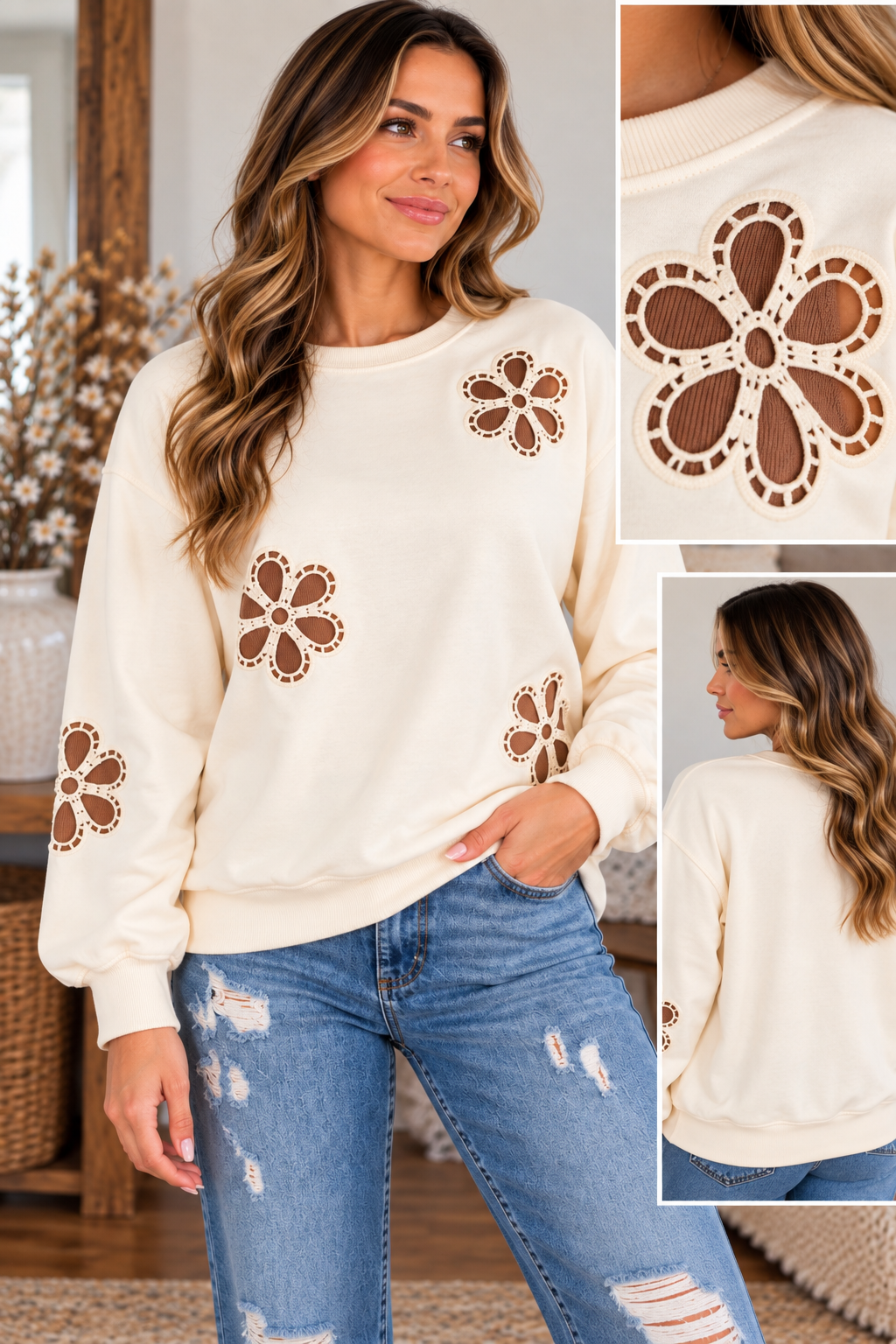 🌼 See-Through Floral Detail Sweatshirt