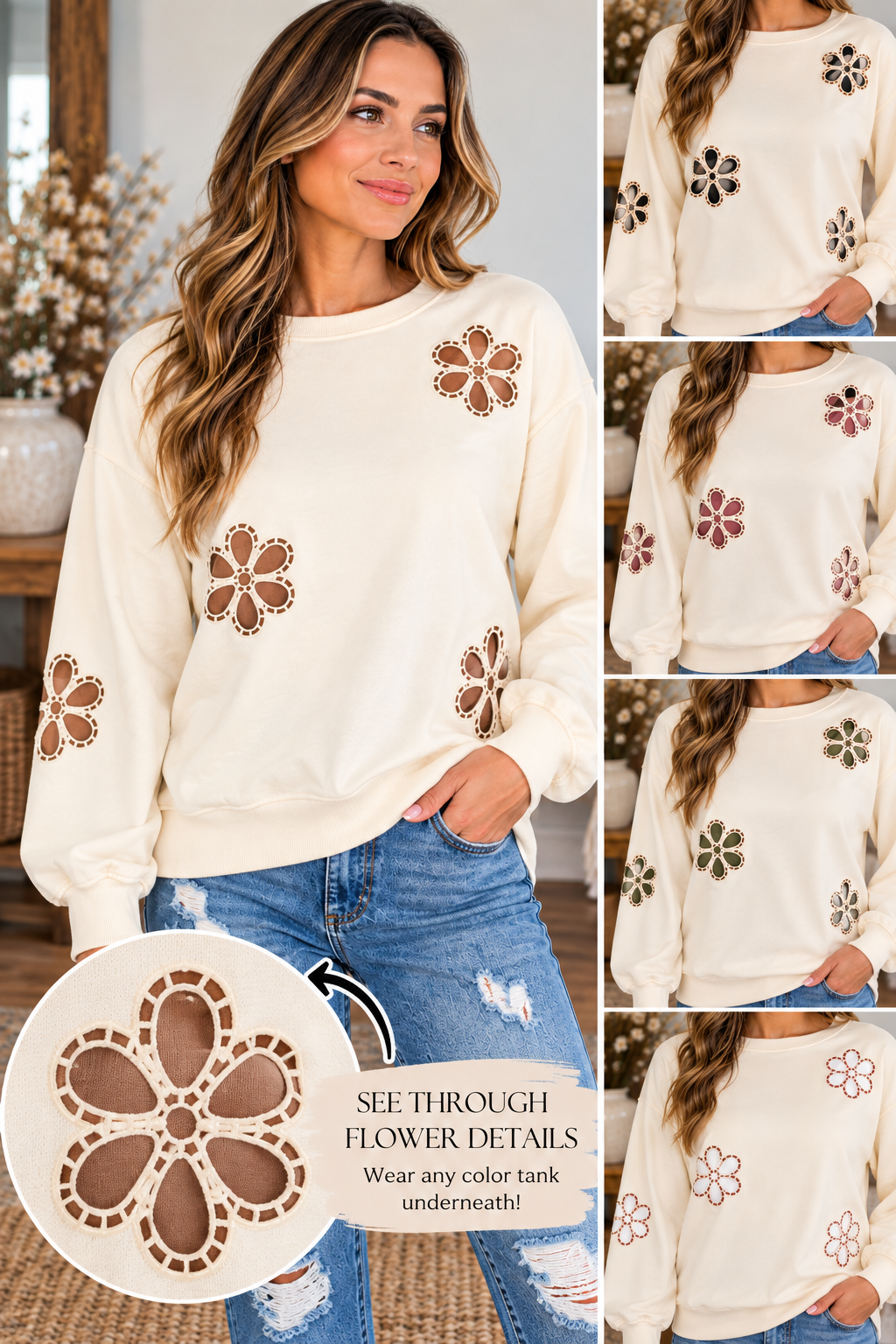 🌼 See-Through Floral Detail Sweatshirt
